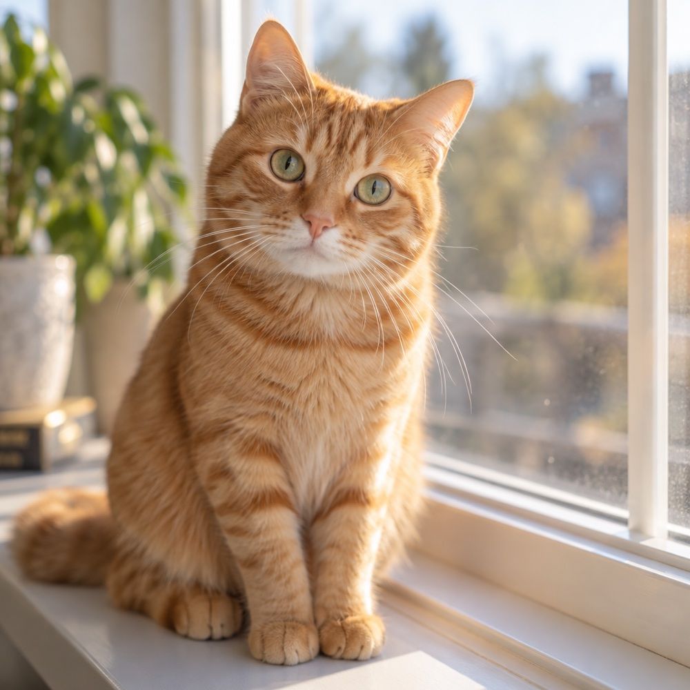 Marmalade, an orange tabby cat with bright eyes on a windowsill.
