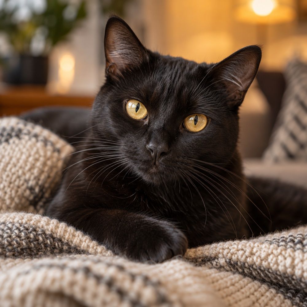Midnight, a sleek black cat with golden eyes on a cozy blanket.