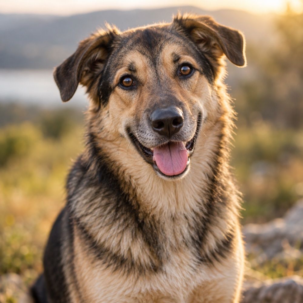 Scout, a friendly shepherd-mix dog smiling at the camera.