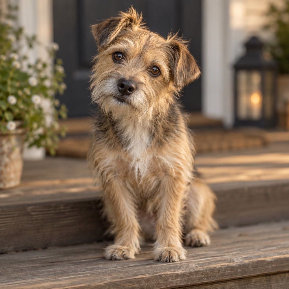 Pepper, a small scruffy terrier-mix dog tilting her head on a porch step.