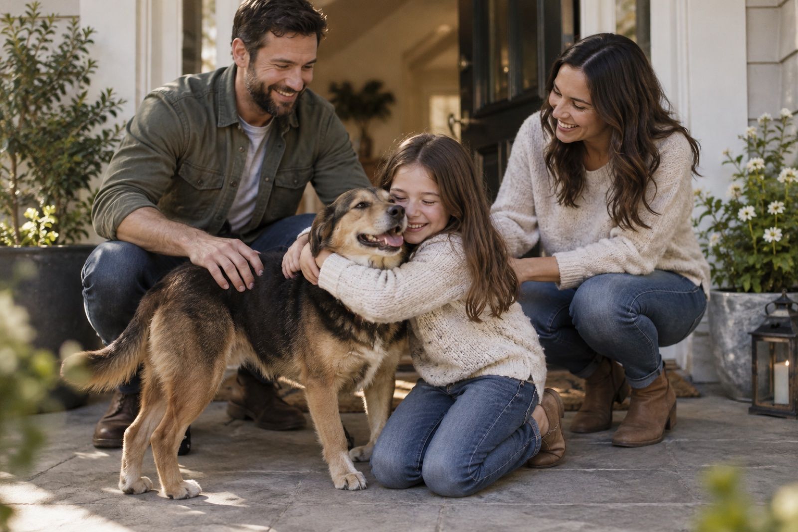 A family welcoming a newly adopted dog at their front door, a child kneeling to hug it.
