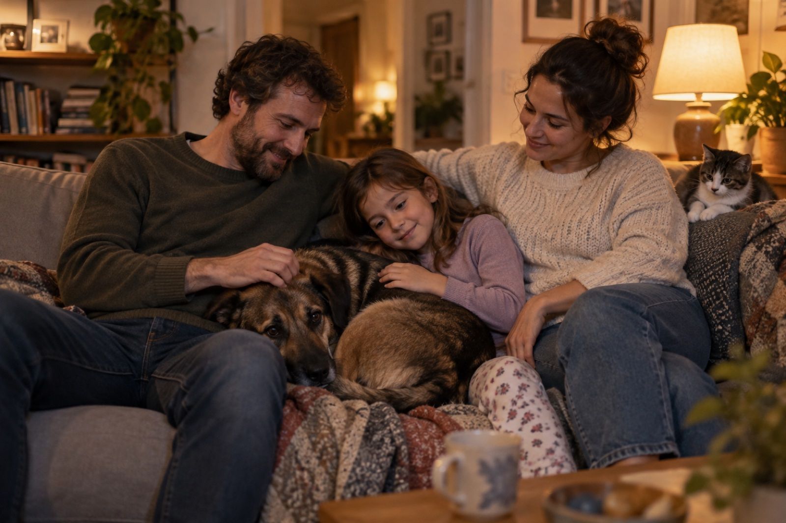 A family on a sofa with a shy rescue dog curled up between them and a kitten on the armrest.