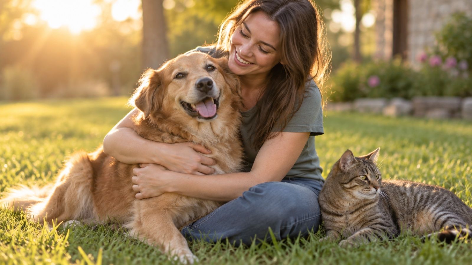 A volunteer smiling as she hugs a happy golden dog on a sunny lawn, with a tabby cat resting beside them.