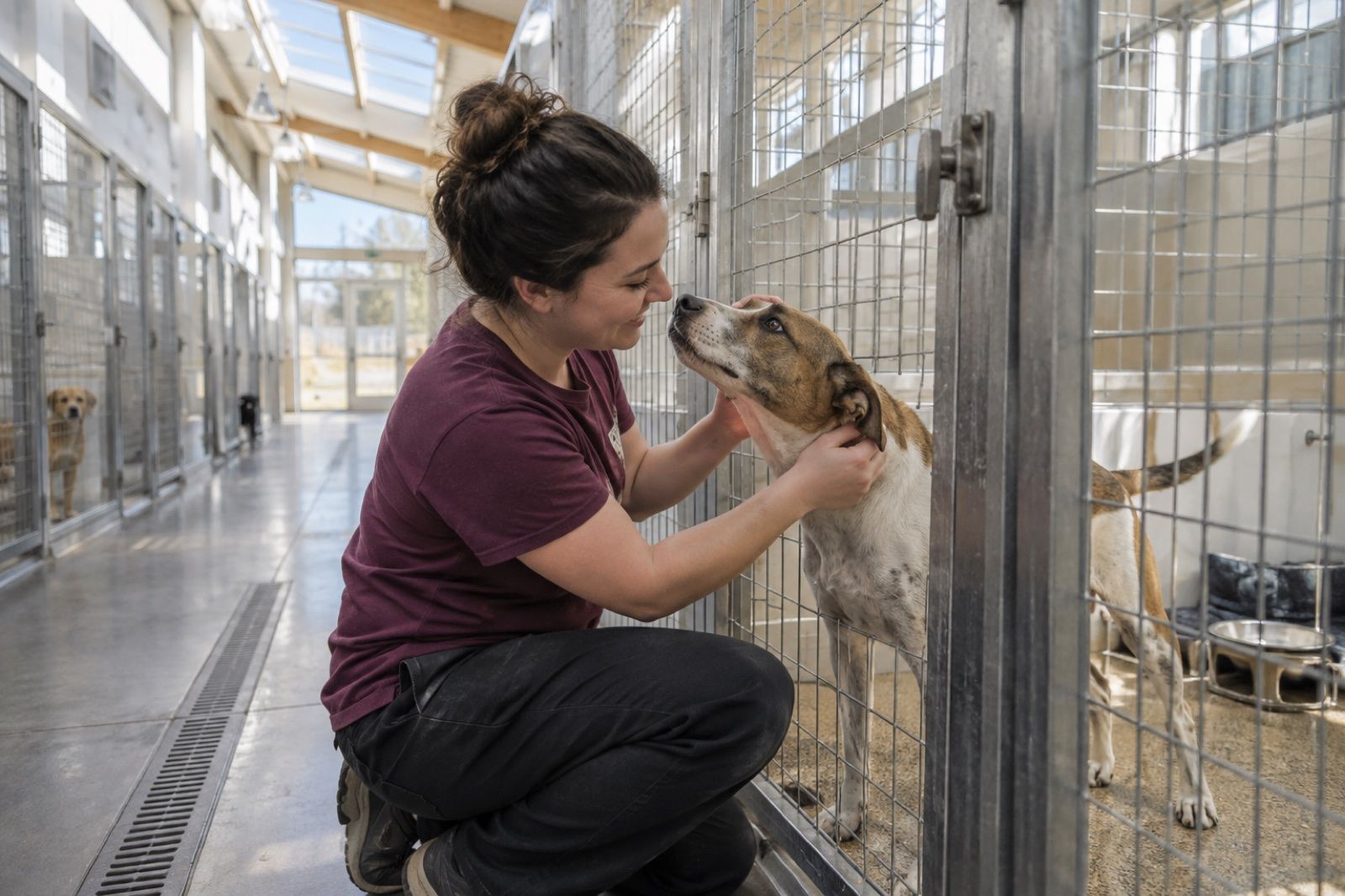 A staff member kneeling at a kennel door to greet a friendly dog in a bright, clean kennel area.