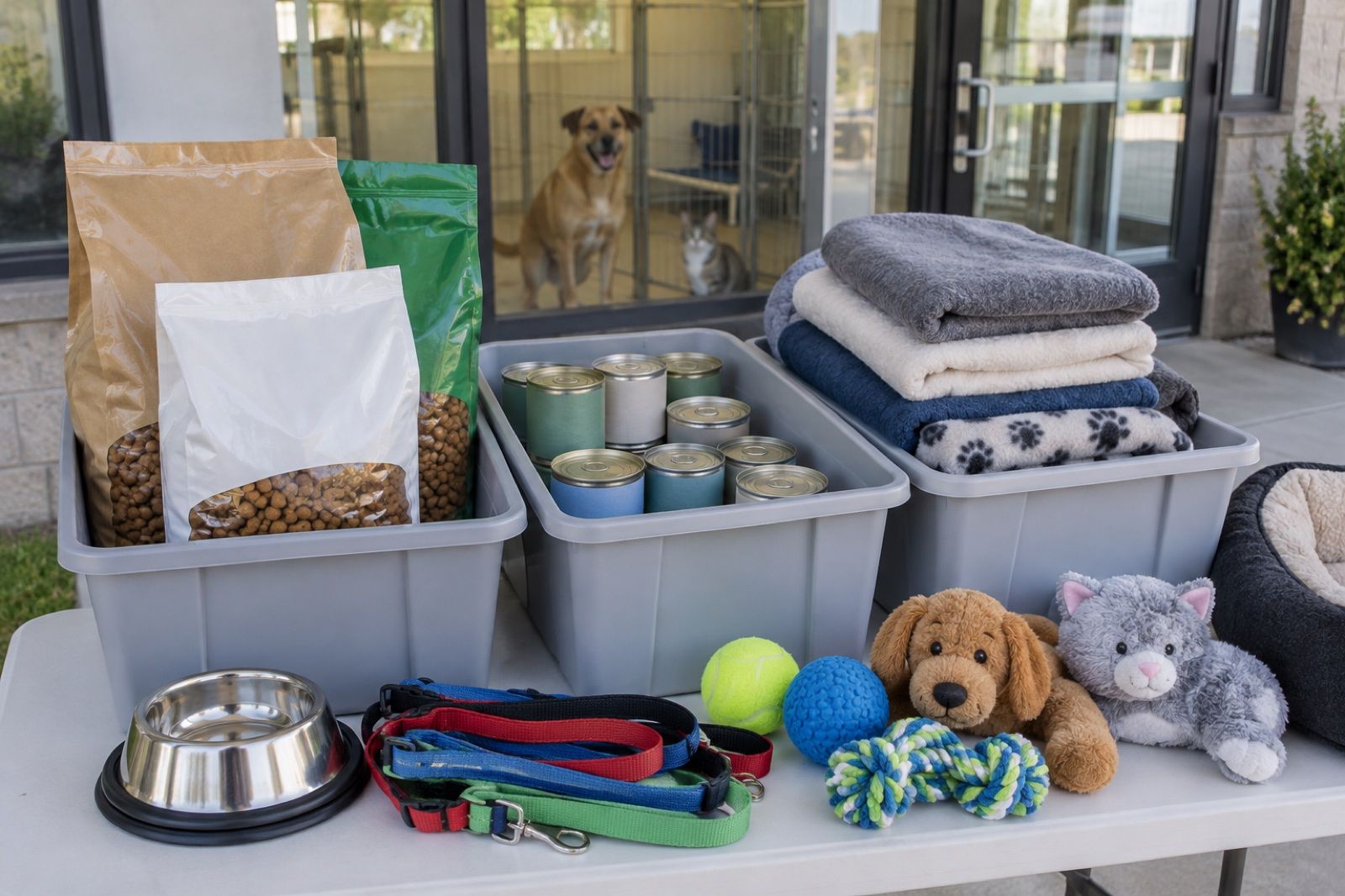 Donation bins filled with pet food, folded blankets, leashes and toys.