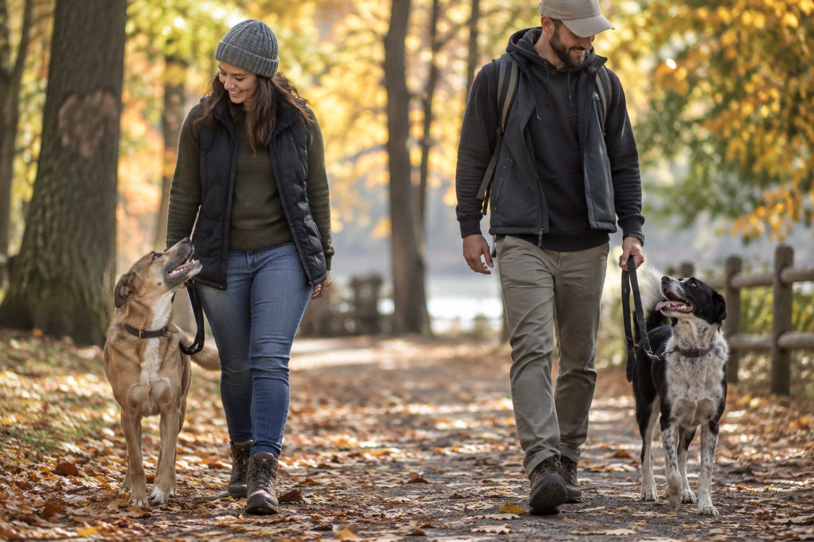 Two volunteers walking happy leashed dogs along a leafy autumn path.